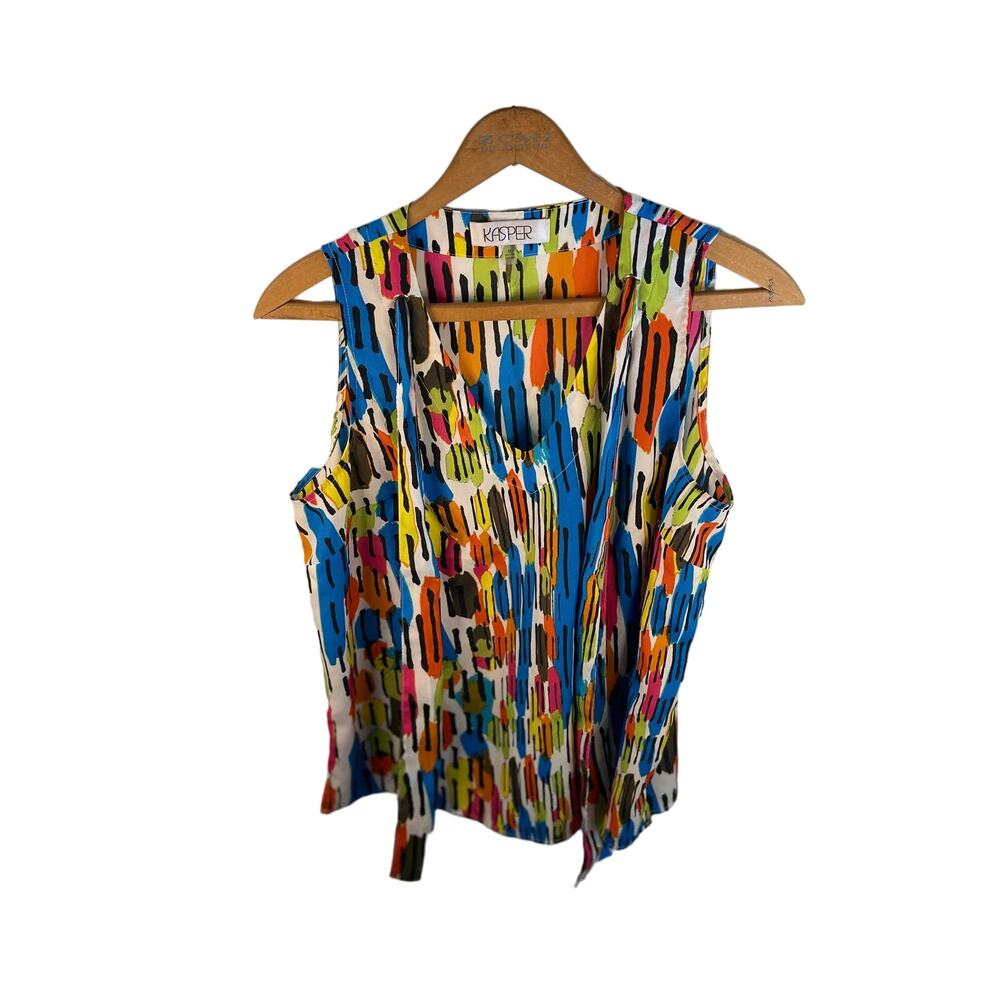 Women M Multi Color Kasper Career Wear Blouse Office 80s Retro Tie Front Work